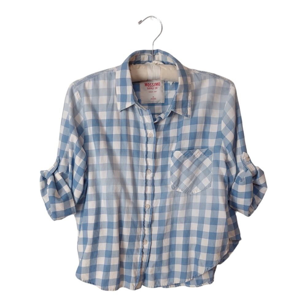Blue White Plaid Shirt Button-Down Top Roll Up Sleeves Sz M Cropped Boxy Coastal